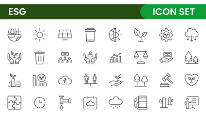 ESG flat line icon set. Outline icon collection related to ecology, environment social governance, risk management, sustainable developmen and more.