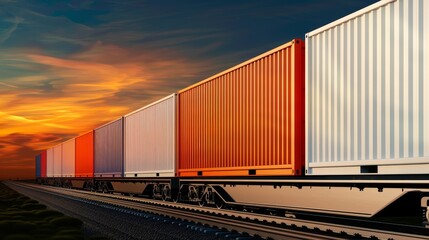 Fototapeta premium Freight train carrying a variety of cargo, highlighting the transport and delivery of goods across vast distances, industrial backdrop