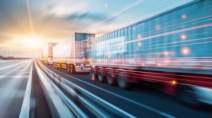 Obraz premium Freight trucks at a logistics hub, demonstrating rapid management and efficient cargo handling, modern technology enhancing speed and precision