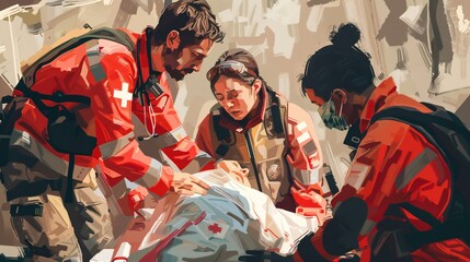 Obraz premium Illustration of a medical team providing emergency care to a victim in a disaster zone