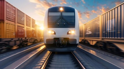 Naklejka premium High-speed freight train, managed with cutting-edge technology for rapid delivery, seamless logistics, and effective cargo management
