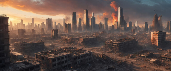 Panoramic view of destroyed city with towering skyscrapers against fiery sunset