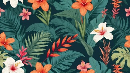 Vibrant Tropical Flora Pattern with Exotic Leaves and Flowers on Dark Background