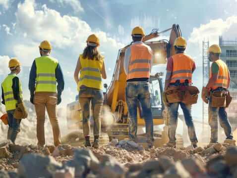 Group of diverse construction workers, men and women on excavation site with heavy machinery backdrop, wearing hard hats, safety vests