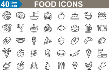 Food icons set vector illustration. cocktail, pancakes, bread, chocolate and more. 