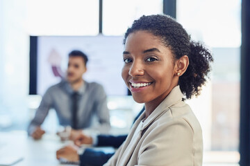 Boardroom, portrait and business woman in meeting, corporate training and workshop for project feedback. Office, coworker or female consultant with smile for networking, professional growth and pride