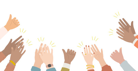 Hands of diverse people with colorful sleeves applauding and giving thumbs up signal in flat design