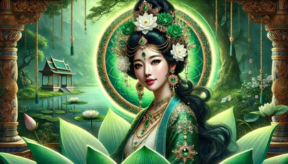 Radiant Divinity of Green Tara Face
This enchanting image portrays Green Tara, the Goddess of Compassion, with radiant beauty and divine elegance. She is adorned in emerald green attire. 