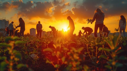 Fototapeta premium People Planting Plants at Sunset: Environmental Conservation
