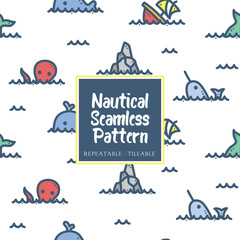 Nautical marine beach sea ocean tileable repeatable seamless pattern in hand drawn fun cartoon style for summer kids boys girls child children