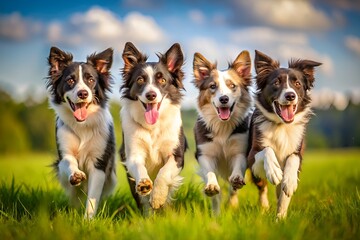 Four happy Border Collies, with tongues out and ears flapping, run playfully together in a sun-kissed green meadow on a warm summer day.