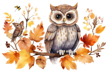 Obraz premium Watercolor illustration of a cute autumn owl with leaves and acorns, perfect for clipart and sublimation projects on PNG transparent background