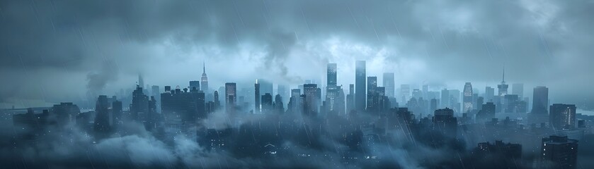 Fototapeta premium Dramatic Rainy Cityscape with Brooding Clouds and Reflective Surfaces
