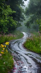 Rain soaked Gravel Road Winding Through Lush Green Countryside with Wildflowers and Misty Atmosphere