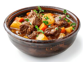 Hearty Beef Stew with Potatoes and Carrots in a Bowl on White Background
