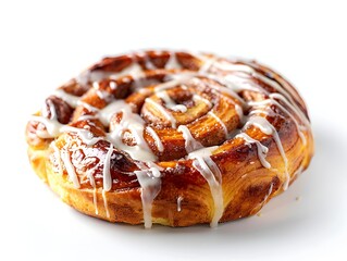 Fototapeta premium Freshly Baked Cinnamon Roll with Generous Icing on White Background Isolated Snack or Dessert Concept