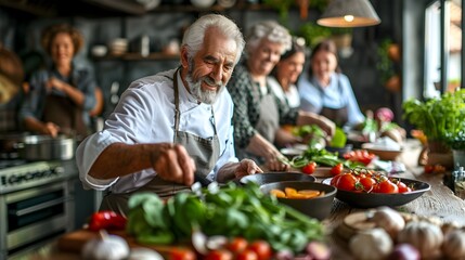 Retired Adults Participating in a Hands on Cooking Class with Cheerful Chef and Fresh Ingredients