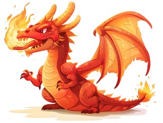 Naklejka premium Fierce Cartoon Dragon Breathing Fiery Breath on White Background