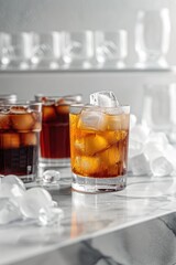 Variety of beverages with ice on table.