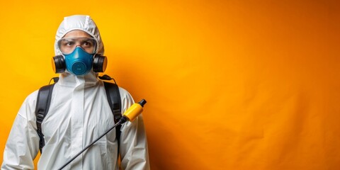 Man in Protective Gear and Respirator  Against a Yellow Background