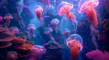 An underwater kingdom of floating jellyfish glowing corals and luminous unrecognizable sea beings