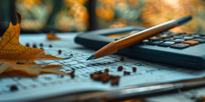 A pen resting on financial documents with an autumn leaf nearby, symbolizing the season's effect on business. - Powered by Adobe