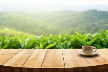 Cup of hot tea beverage is sitting on a table with a tea plantation background