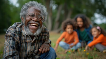 Fototapeta premium Joyful Senior Man Bonding and Playing with Grandchildren in Happy Family Moment