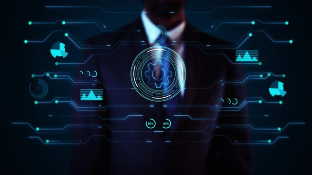 Businessman virtual display HUd Hologram Digital Gears wheel Business teamwork success business process, workflow, performance, evaluation, quality control. management system and process automation