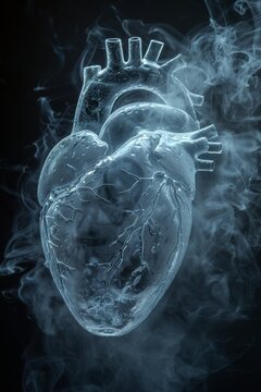 The single, detailed heart stands out dramatically against the deep black background and smoke.