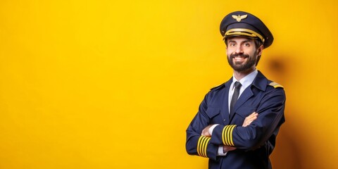 Fototapeta premium Portrait of a Smiling Pilot in Uniform Against a Yellow Background