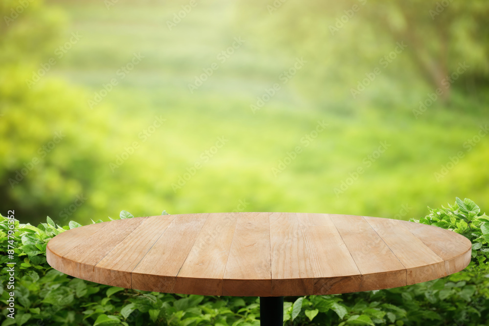 Aufkleber blurred green garden background with an empty round wooden table top