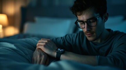 Obraz premium Man Configuring Smartwatch Sleep Tracker in Serene Bedroom for Restful Night