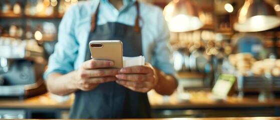 Fototapeta premium Modern Young Professional Enjoying Seamless Transactions with Digital Wallet App in Stylish Cafe