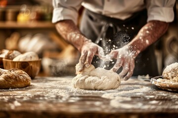 A baker kneads dough on a flour-covered wooden table in a bakery