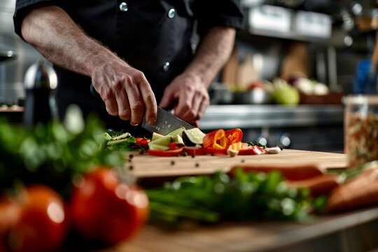 A chef prepares a meal in a restaurant kitchen, carefully chopping vegetables on a wooden cutting board