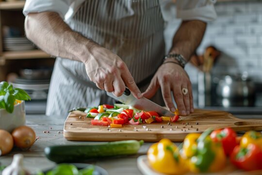 A chef, wearing a striped apron, carefully chops fresh vegetables on a wooden cutting board. The bright, modern kitchen provides a backdrop for the vibrant ingredients