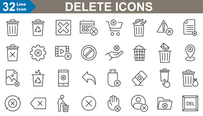 Delete icons set. These icons include design remove, trash, clear, erase, recycle, waste and more. vector illustration