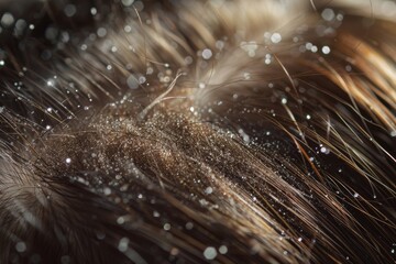 Detail-focused macro photo of a scalp shows dandruff flakes and dry skin texture, common with scalp conditions