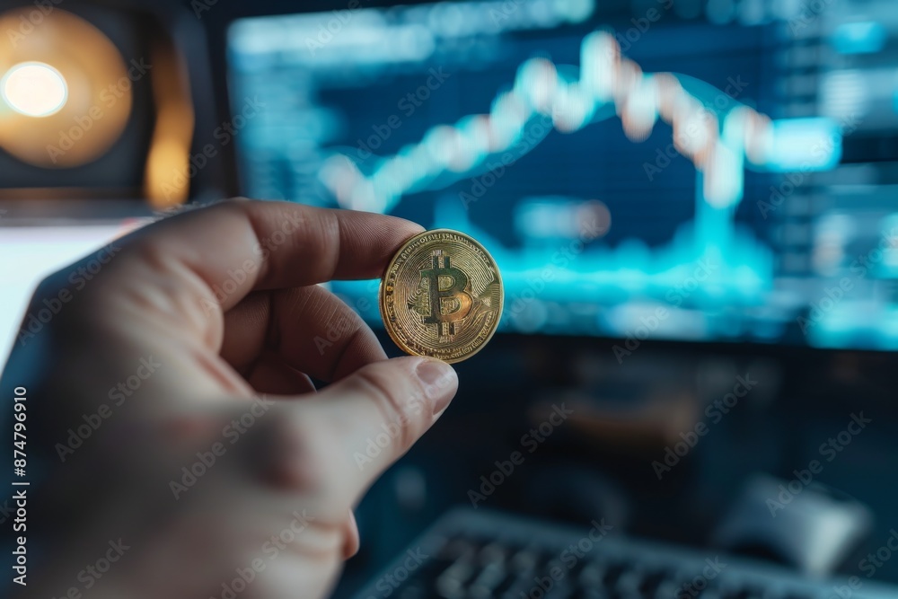 Aufkleber a hand holds a physical bitcoin coin in front of a computer screen displaying a blurred chart of blo
