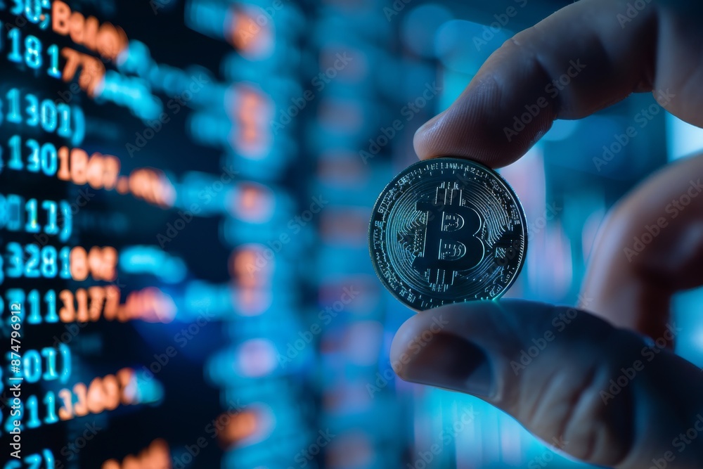 Poster a hand holds a physical bitcoin coin with the bitcoin symbol clearly visible. the background is blur