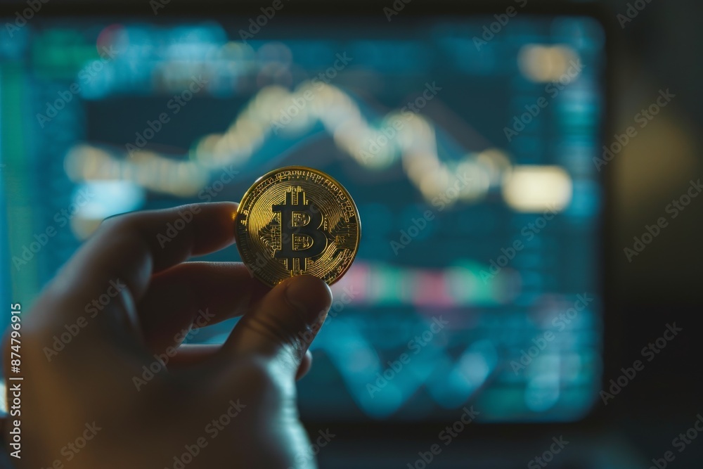 Poster a hand holds a gold bitcoin coin in front of a computer screen, the screen displays a blurred chart 