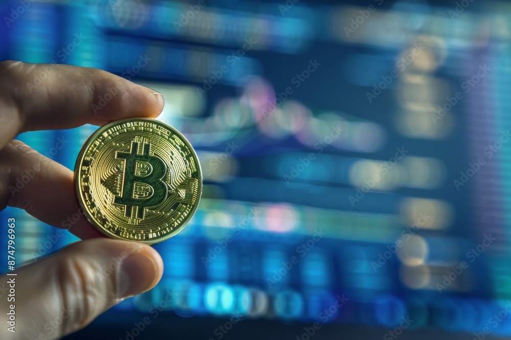 Aufkleber a hand holds a bitcoin coin, its surface catching the light. the background is a blurred computer sc