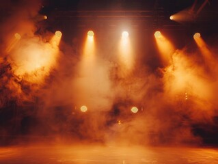 Concert Stage with Bright Spotlights and Smoke, Entertainment Event Background, Live Music Performance Scene