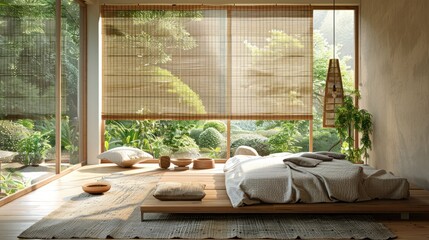 Minimalist bedroom with Japanese-style futon bed, bamboo blinds, low wooden bench.