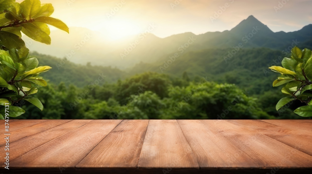 Poster empty wooden table top with blurred mountain view background for displaying or montage of product