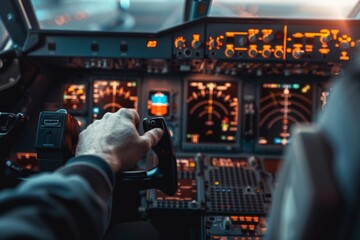 A close-up image of a pilot's hand adjusting controls inside the cockpit of a commercial airplane