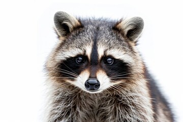 Fototapeta premium A close-up portrait of a raccoon looking directly at the camera, isolated against a white background. Its fur is soft and detailed