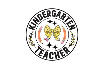 Teacher Kindergarten Coquette Pencil Bow Design, Teacher School Kindergarten Groovy Retro T-shirt Designs