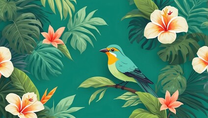 A vibrant tropical illustration featuring a hummingbird hovering among hibiscus flowers and lush green leaves. A perfect nature-inspired artwork with exotic floral and wildlife elements